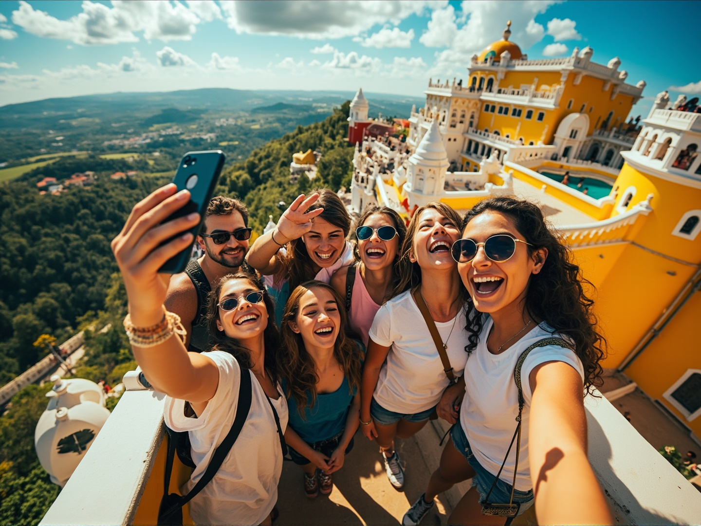 Friends taking a group selfie at Pena Palace in Sintra, laughing and celebrating